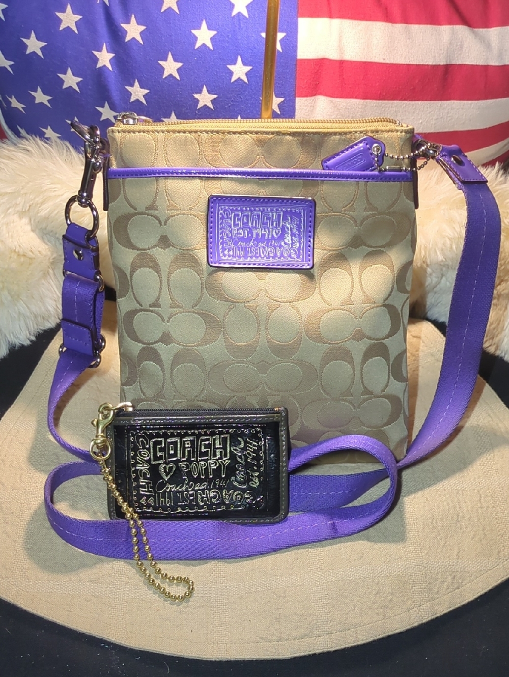 Coach Beige Signature Crossbody w/ Purple Trim &Strap W/Coach Poppy Wrislet $160